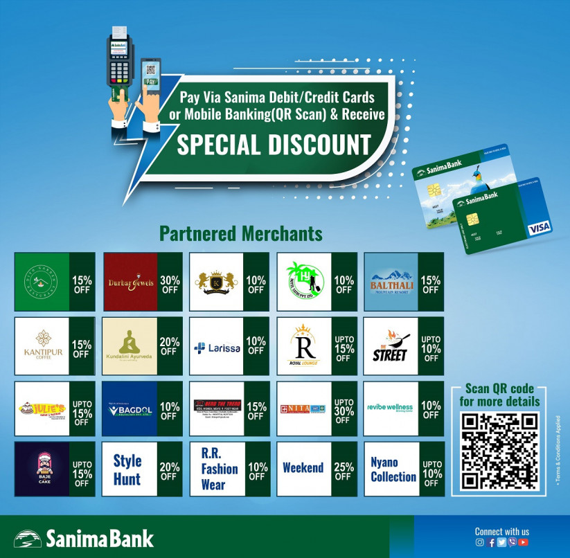 सानिमा बैंकको डिजिटल भुक्तानीमा थप २० वटा मर्चेन्टहरुसँग छुटको व्यवस्था