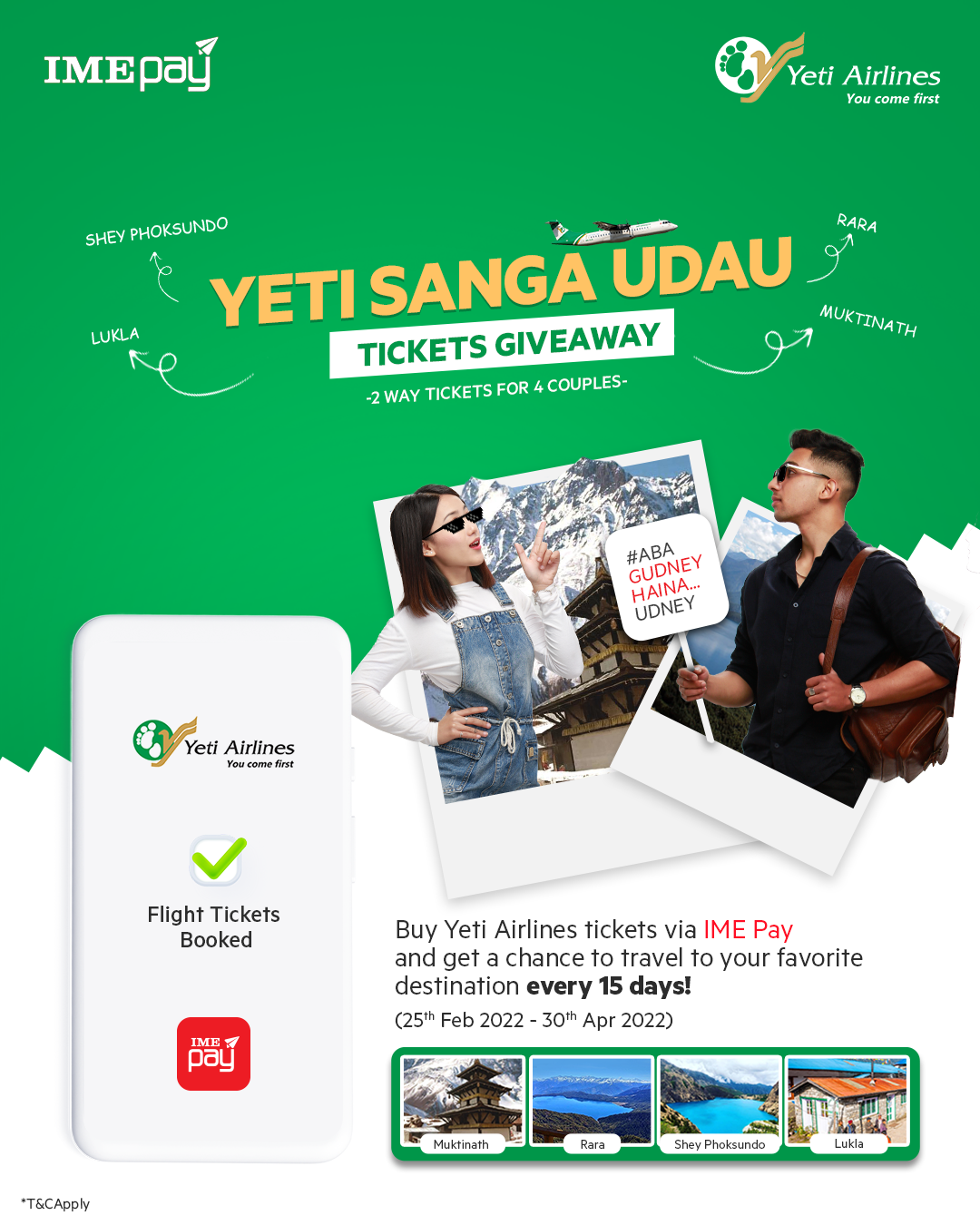 आइएमई पेबाट यती एयरलाइन्सको टिकट काट्दा यी स्थानको लागि निःशूल्क टिकट पाइने